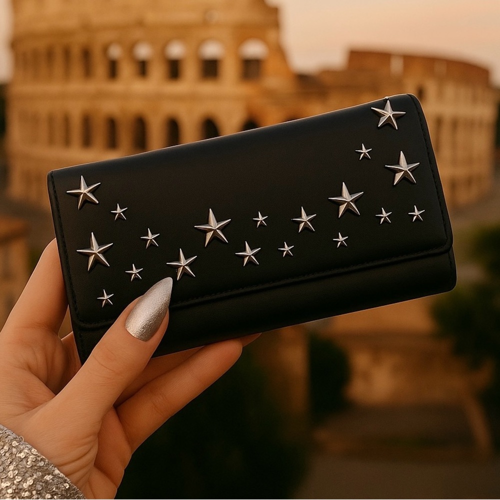 Jimmy Choo Black and Silver Star-Studded Leather Wallet